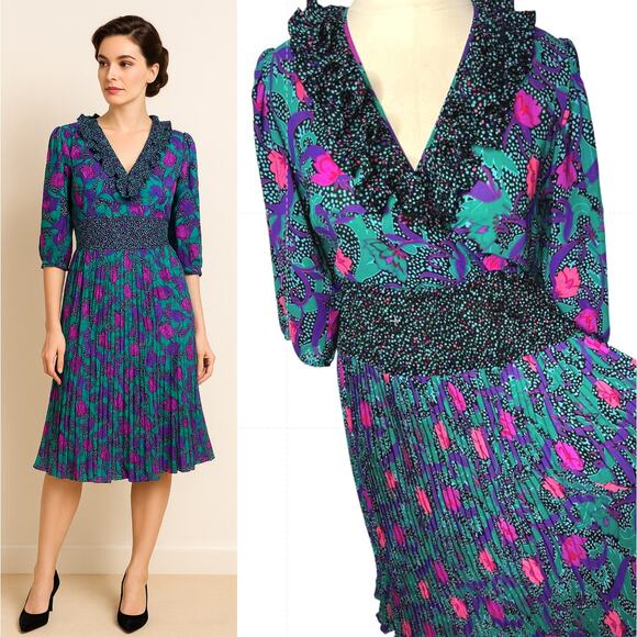 Vintage 80s Assorti Susan Freis XL Floral Polka Dot PLEATED Midi Dress Wrap Neck - Picture 1 of 11